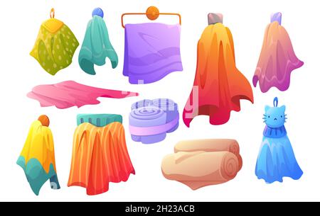 Set of towels hanging on hooks or holders, colorful stylish bath and kitchen fabric, folded and rolled cloth or fluffy textile for wiping. Clean home hygiene accessories, Cartoon vector illustration Stock Vector