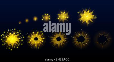 Game fireworks, yellow explode effect burst sprites for animation. User interface ui or gui elements for videogame, computer or web design. Salute sparkle explosion frames, Cartoon vector illustration Stock Vector