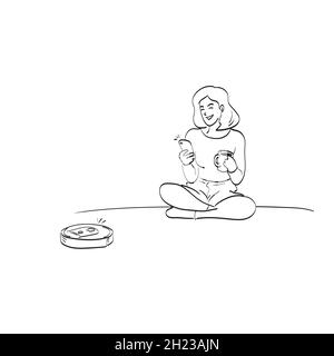 line art woman with coffee cup in hand using smartphone to control robotic vacuum cleaner illustration vector isolated on white background Stock Vector