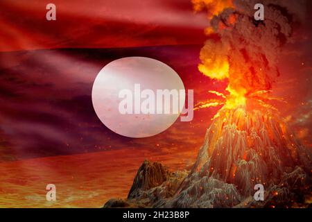 stratovolcano blast eruption at night with explosion on Lao People Democratic Republic flag background, troubles because of eruption and volcanic ash Stock Photo