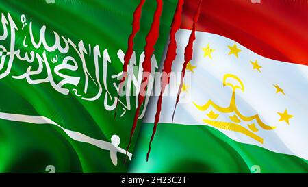 Saudi Arabia and Tajikistan flags with scar concept. Waving flag,3D rendering. Tajikistan and Saudi Arabia conflict concept. Saudi Arabia Tajikistan r Stock Photo