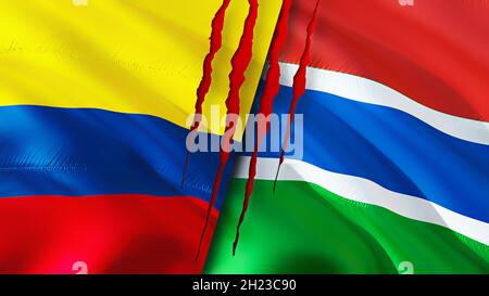 Colombia and Gambia flags with scar concept. Waving flag 3D rendering. Colombia and Gambia conflict concept. Colombia Gambia relations concept. flag o Stock Photo