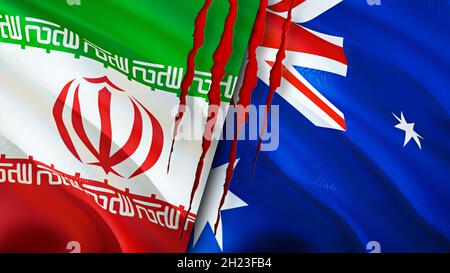 Iran and Australia flags with scar concept. Waving flag,3D rendering. Australia and Iran conflict concept. Iran Australia relations concept. flag of I Stock Photo