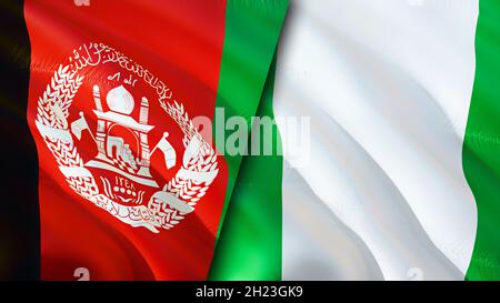 Afghanistan and Nigeria flags. 3D Waving flag design. Nigeria Afghanistan flag, picture, wallpaper. Afghanistan vs Nigeria image,3D rendering. Afghani Stock Photo