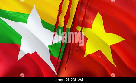 Myanmar and Vietnam flags with scar concept. Waving flag,3D rendering. Vietnam and Myanmar conflict concept. Myanmar Vietnam relations concept. flag o Stock Photo