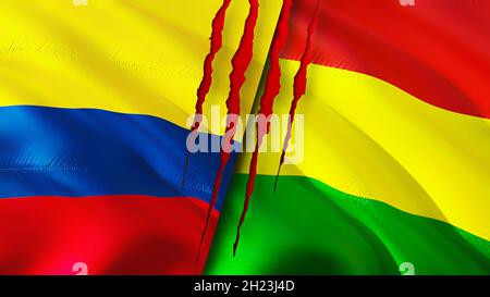 Colombia and Bolivia flags with scar concept. Waving flag 3D rendering. Colombia and Bolivia conflict concept. Colombia Bolivia relations concept. fla Stock Photo