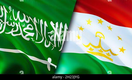 Saudi Arabia and Tajikistan flags. 3D Waving flag design. Tajikistan Saudi Arabia flag, picture, wallpaper. Saudi Arabia vs Tajikistan image,3D render Stock Photo