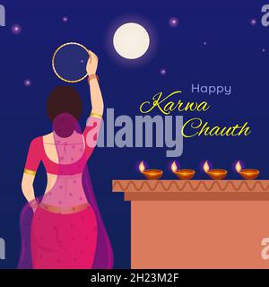 Happy Karwa Chauth festival graphic. Creative design of Indian woman looking through sieve during Karwa Chauth to break the fast. Stock Vector