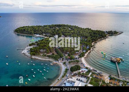 an aerial view of campsite at Stoja peninsula at dusk, Pula, Istria, Croatia Stock Photo