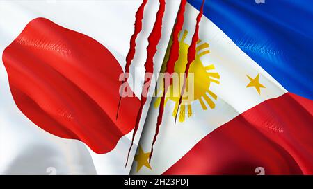 Japan and Philippines flags with scar concept. Waving flag,3D rendering. Japan and Philippines conflict concept. Japan Philippines relations concept. Stock Photo