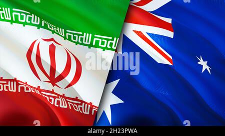Iran and Australia flags. 3D Waving flag design. Australia Iran flag, picture, wallpaper. Iran vs Australia image,3D rendering. Iran Australia relatio Stock Photo