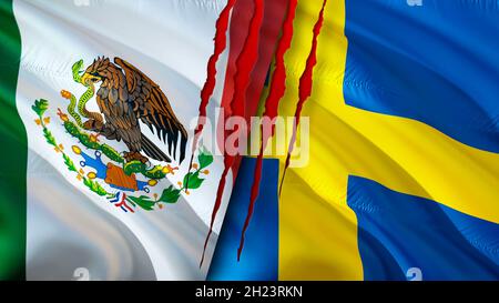 Mexico and Sweden flags with scar concept. Waving flag,3D rendering. Mexico and Sweden conflict concept. Mexico Sweden relations concept. flag of Mexi Stock Photo