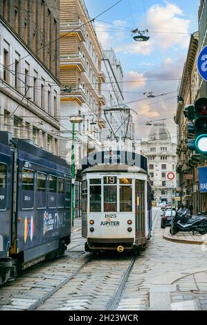 Famous vintage Tram in the center of Milan, Italy Stock Photo