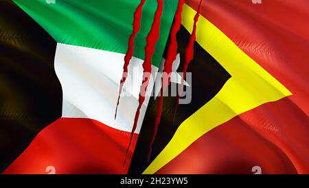 East Timor and Kuwait flags waving together in the wind on blue cloudy ...