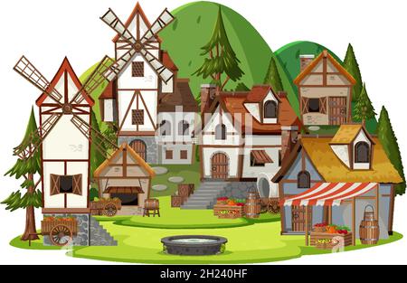 Medieval village with villagers on white background illustration Stock Vector