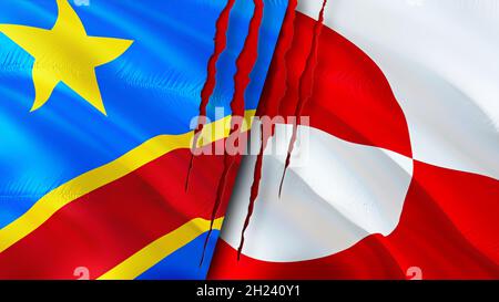 DR Congo and Greenland flags with scar concept. Waving flag,3D rendering. Greenland and DR Congo conflict concept. DR Congo Greenland relations concep Stock Photo