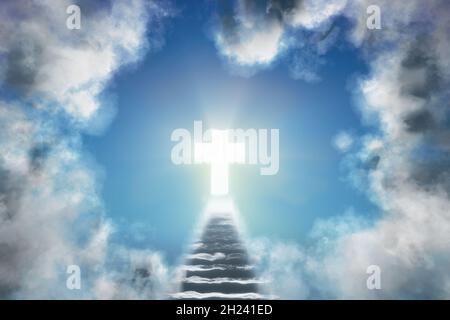 Stairway leading through clouds to heaven and crucifix. Religion, christianity and life after death concept. 3D rendered illustration. Stock Photo