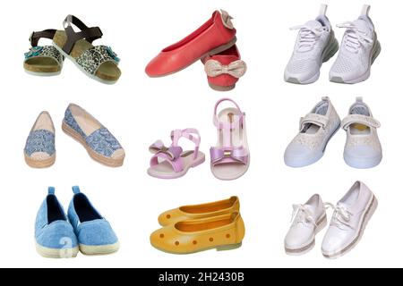 Collage set children summer shoes. Collection of seasonable various colorful children shoes, girls sandals, denim shoes and sneaker isolated on a whit Stock Photo