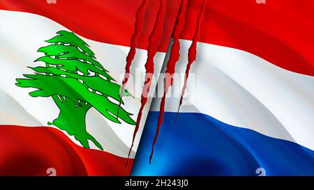 Lebanon and Netherlands flags with scar concept. Waving flag,3D rendering. Lebanon and Netherlands conflict concept. Lebanon Netherlands relations con Stock Photo