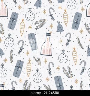 Christmas and Happy New Year seamless pattern with Christmas gift boxes, stars and Christmas tree toys. Vector design template. Digital paper. Stock Vector