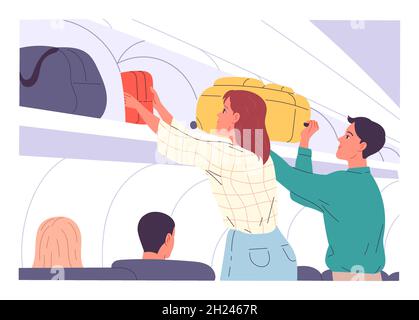 Passengers putting their hand luggage into overhead locker on aircraft Stock Vector