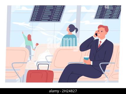 Businessman sits at the airport and talks on the phone. Stock Vector