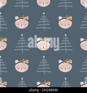Christmas pattern with animals scandinavian hand drawn seamless pattern. New Year, Christmas, holidays texture for print, paper, design, fabric, backg Stock Vector