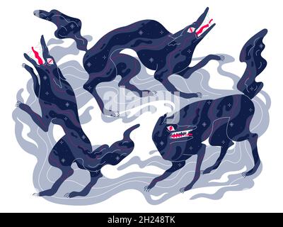 Scary wolves, vicious aggressive beast, dark fairy tale mystical character Stock Vector