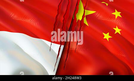 Indonesia and China flags with scar concept. Waving flag,3D rendering. Indonesia and China conflict concept. Indonesia China relations concept. flag o Stock Photo