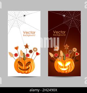Set of banners. Halloween pumpkin with biscuits  Stock Vector