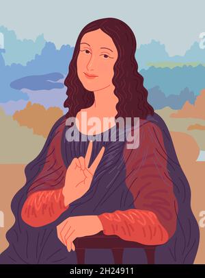 Portrait of woman showing v sign. Illustration based on Leonardo da Vinci Mona Lisa. Stock Vector