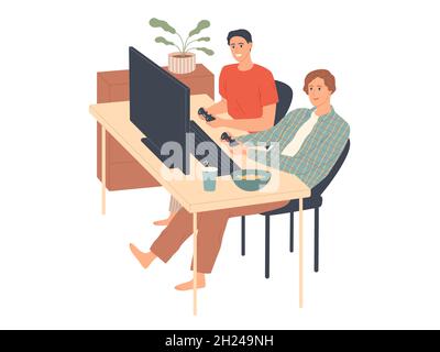 Young men play video games on the console. Stock Vector