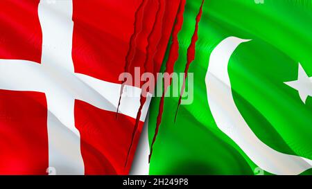 Denmark and Pakistan flags with scar concept. Waving flag,3D rendering. Pakistan and Denmark conflict concept. Denmark Pakistan relations concept. fla Stock Photo