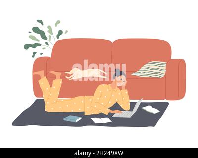 girl lies on the floor with a laptop, learning lessons, doing homework Stock Vector