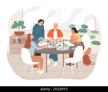 Group of students studying together. Young people sitting at the table and learning Stock Vector