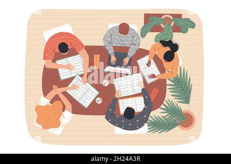 Group of students at the table are studying. Top view Stock Vector