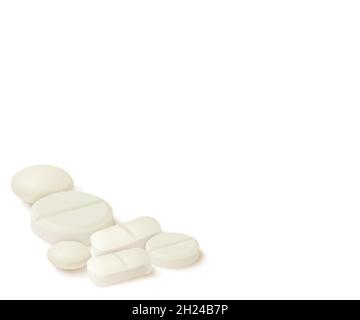 Medical background with realistic medical pills isolated on white. Collection of oval, round and capsule shaped tablets. Medicine and drugs. Vector illustration. Stock Vector