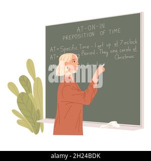 English teacher writes on a chalkboard. Foreign language lesson. Stock Vector