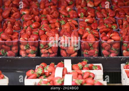 Becher mit frischen Erdbeeren auf dem Wochenmarkt in Gmunden - Erdbeeren sind sehr gesund und haben kaum Fette und Kohlehydrate - Cups of fresh strawb Stock Photo