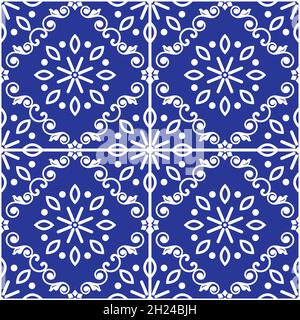 Lisbon style Azulejo tile seamless vector white on navy blue pattern, elegant decorative design inspired by art from Portugal with floral and geometri Stock Vector