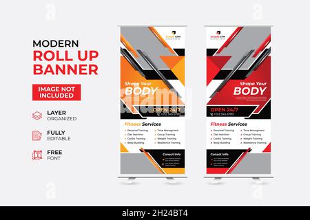 Fitness Gym Rollup Banner Template | Rollup Banner Design for gym, fitness club, healthcare Stock Vector