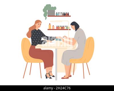 Woman in nail salon receiving manicure by master. Stock Vector