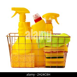 Cleaning items in basket isolated on white background Stock Photo