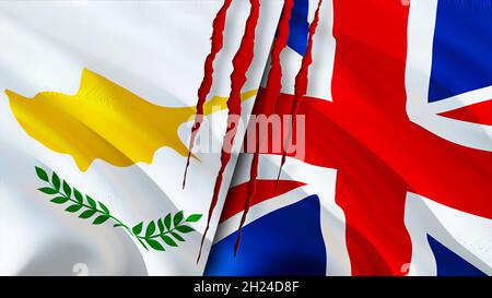 Cyprus and United Kingdom flags with scar concept. Waving flag,3D rendering. United Kingdom and Cyprus conflict concept. Cyprus United Kingdom relatio Stock Photo