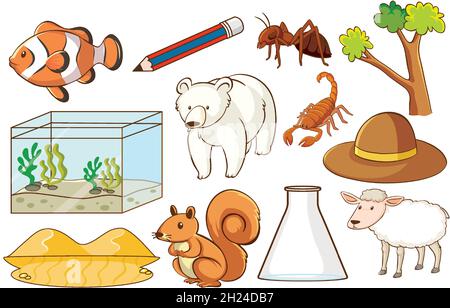 Set of various animals and objects illustration Stock Vector