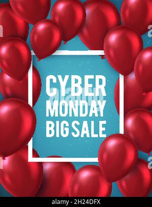 Poster template for Cyber monday sale with realistic red balloons. Vector illustration. Stock Vector