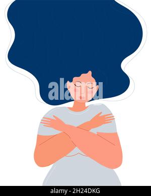 Cute woman with long dark hair hugs herself. Woman is wearing grey dress. Love for yourself, high esteem and body positive concept vector. Stock Vector