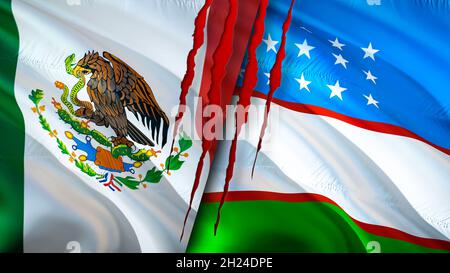 Mexico and Uzbekistan flags with scar concept. Waving flag,3D rendering. Mexico and Uzbekistan conflict concept. Mexico Uzbekistan relations concept. Stock Photo