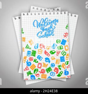 High detailed design template for school theme. Realistic paper with handdrawn lettering Welcome back to school. vector illustration. Stock Vector