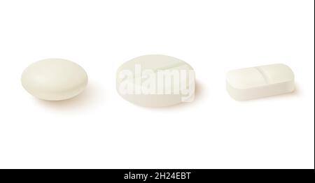 Collection of oval, round and capsule shaped tablets. Medicine and drugs. Realistic medical pills isolated on white background. Vector illustration. Stock Vector